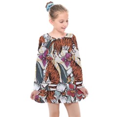 Natural Seamless Pattern With Tiger Blooming Orchid Kids  Long Sleeve Dress