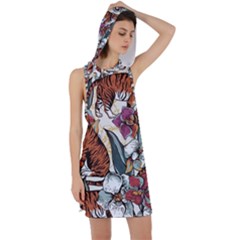 Natural Seamless Pattern With Tiger Blooming Orchid Racer Back Hoodie Dress