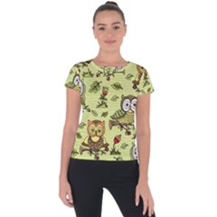 Seamless Pattern With Flowers Owls Short Sleeve Sports Top  by BangZart