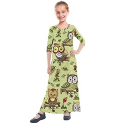 Seamless Pattern With Flowers Owls Kids  Quarter Sleeve Maxi Dress by BangZart