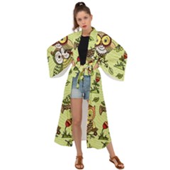 Seamless Pattern With Flowers Owls Maxi Kimono by BangZart