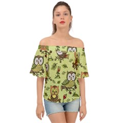 Seamless Pattern With Flowers Owls Off Shoulder Short Sleeve Top by BangZart