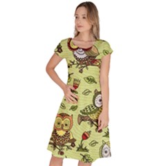 Seamless Pattern With Flowers Owls Classic Short Sleeve Dress