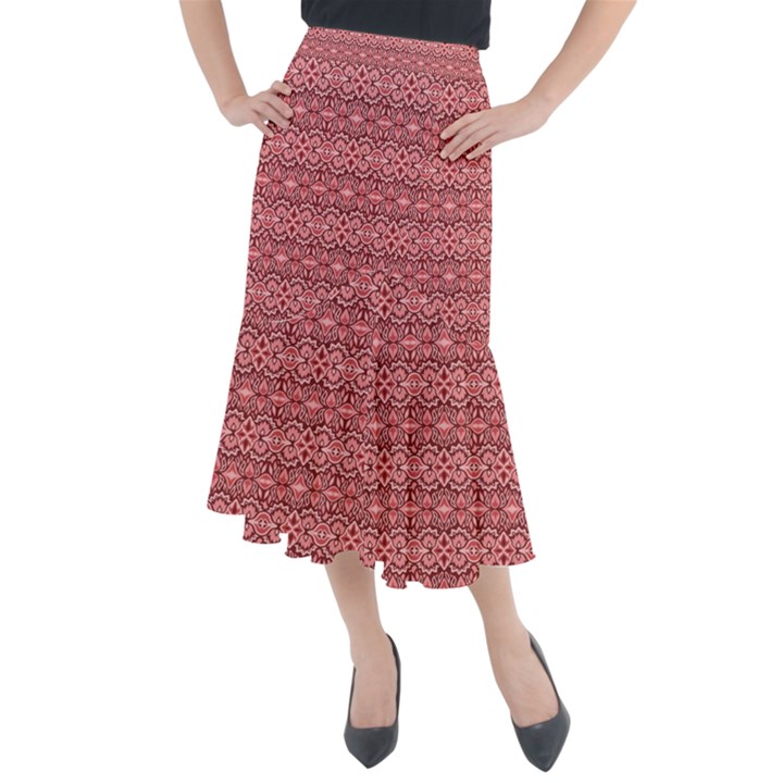 Pink art with abstract seamless flaming pattern Midi Mermaid Skirt