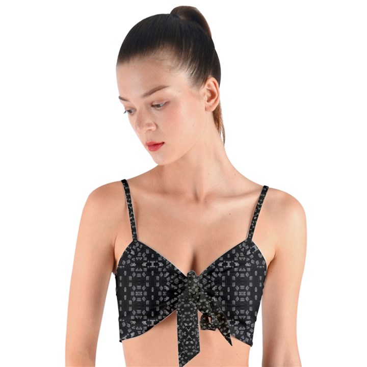 Black And White Tech Pattern Woven Tie Front Bralet