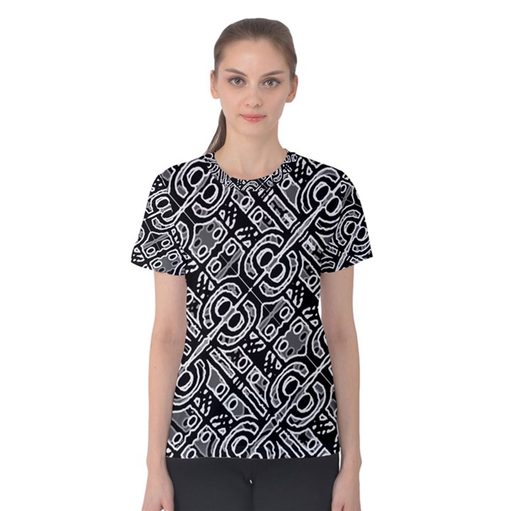 Linear Black And White Ethnic Print Women s Cotton Tee