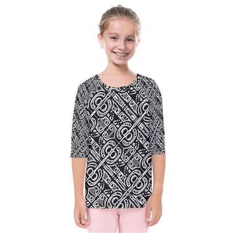 Linear Black And White Ethnic Print Kids  Quarter Sleeve Raglan Tee by dflcprintsclothing