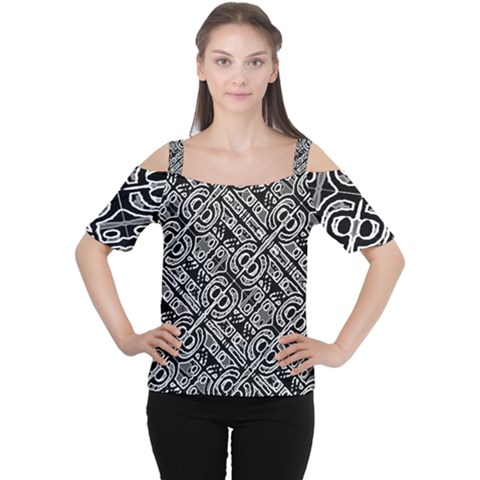 Linear Black And White Ethnic Print Cutout Shoulder Tee by dflcprintsclothing