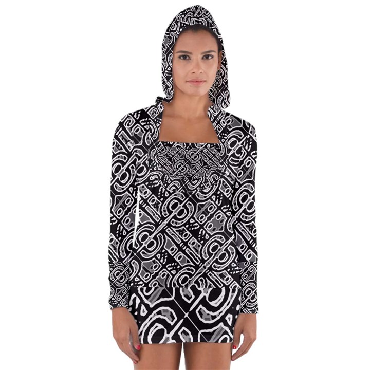 Linear Black And White Ethnic Print Long Sleeve Hooded T-shirt