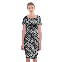 Linear Black And White Ethnic Print Classic Short Sleeve Midi Dress