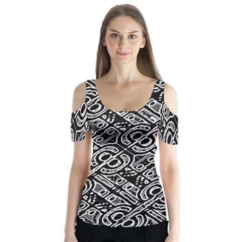 Linear Black And White Ethnic Print Butterfly Sleeve Cutout Tee  by dflcprintsclothing