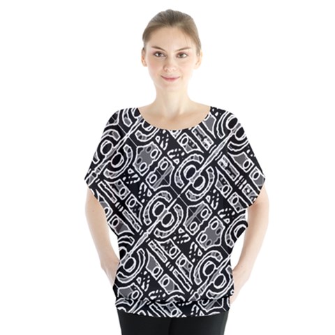 Linear Black And White Ethnic Print Batwing Chiffon Blouse by dflcprintsclothing