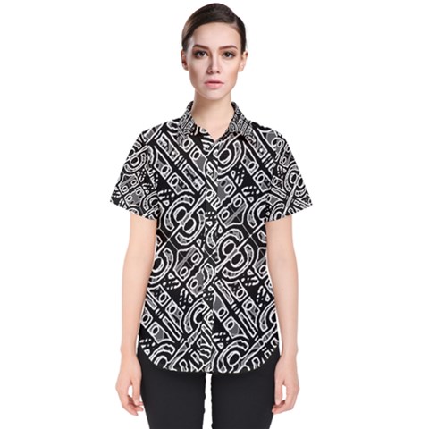 Linear Black And White Ethnic Print Women s Short Sleeve Shirt by dflcprintsclothing