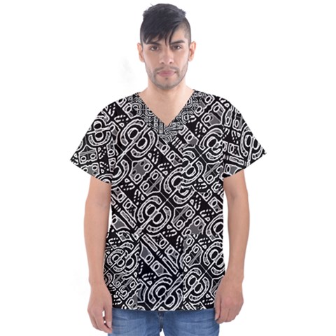 Linear Black And White Ethnic Print Men s V-neck Scrub Top by dflcprintsclothing