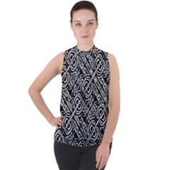 Linear Black And White Ethnic Print Mock Neck Chiffon Sleeveless Top by dflcprintsclothing