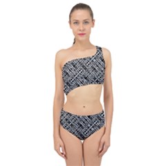 Linear Black And White Ethnic Print Spliced Up Two Piece Swimsuit