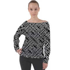 Linear Black And White Ethnic Print Off Shoulder Long Sleeve Velour Top by dflcprintsclothing