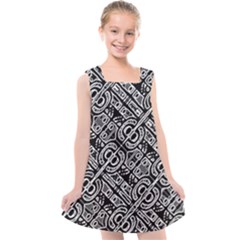 Linear Black And White Ethnic Print Kids  Cross Back Dress