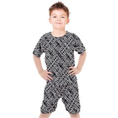 Linear Black And White Ethnic Print Kids  Tee And Shorts Set by dflcprintsclothing