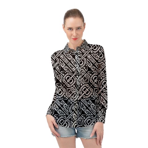 Linear Black And White Ethnic Print Long Sleeve Chiffon Shirt by dflcprintsclothing