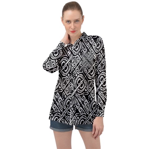 Linear Black And White Ethnic Print Long Sleeve Satin Shirt by dflcprintsclothing