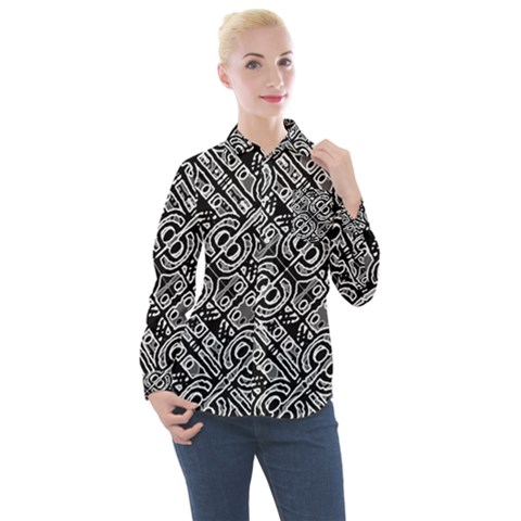 Linear Black And White Ethnic Print Women s Long Sleeve Pocket Shirt by dflcprintsclothing