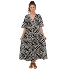 Linear Black And White Ethnic Print Kimono Sleeve Boho Dress by dflcprintsclothing