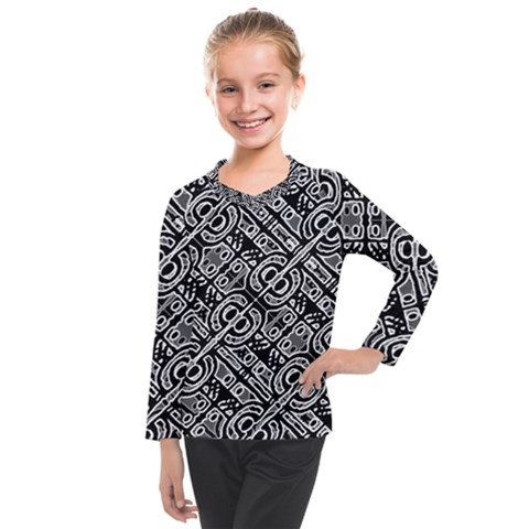 Linear Black And White Ethnic Print Kids  Long Mesh Tee by dflcprintsclothing