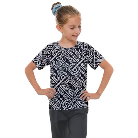 Linear Black And White Ethnic Print Kids  Mesh Piece Tee by dflcprintsclothing