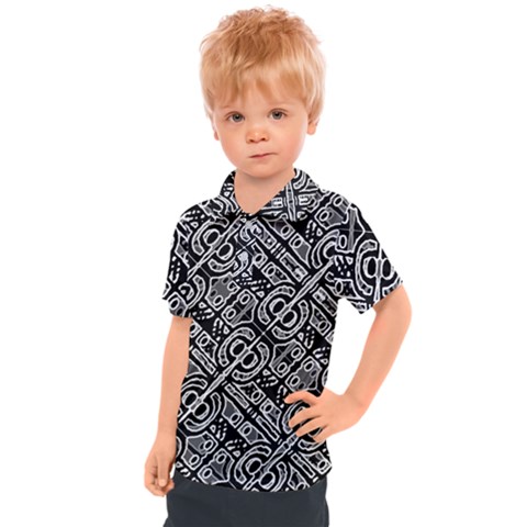 Linear Black And White Ethnic Print Kids  Polo Tee by dflcprintsclothing