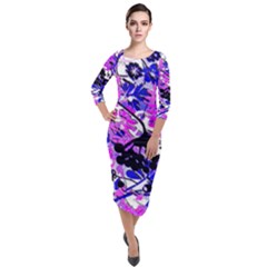 Floral Abstract In Blues Quarter Sleeve Midi Velour Bodycon Dress by dressshop