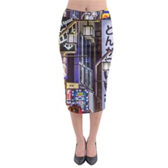 Shinjuku District Urban Night Scene, Tokyo Japan Midi Pencil Skirt by dflcprintsclothing