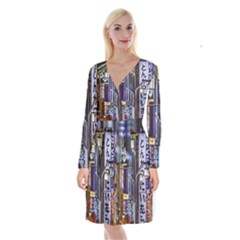 Shinjuku District Urban Night Scene, Tokyo Japan Long Sleeve Velvet Front Wrap Dress by dflcprintsclothing