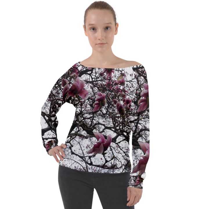 Saucer Magnolia Tree Off Shoulder Long Sleeve Velour Top