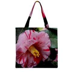 Striped Pink Camellia Ii Zipper Grocery Tote Bag by okhismakingart