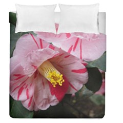 Striped Pink Camellia Ii Duvet Cover Double Side (queen Size) by okhismakingart