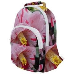 Striped Pink Camellia Ii Rounded Multi Pocket Backpack by okhismakingart