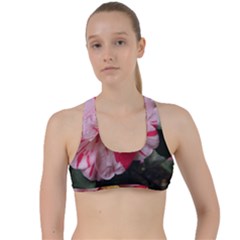 Striped Pink Camellia Ii Criss Cross Racerback Sports Bra by okhismakingart