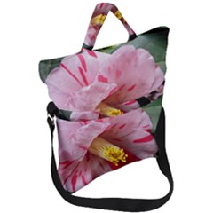 Striped Pink Camellia Ii Fold Over Handle Tote Bag by okhismakingart