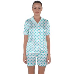 White Light Blue Hearts Pattern, Pastel Sky Blue Color Satin Short Sleeve Pyjamas Set by Casemiro