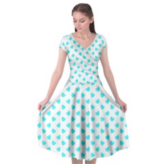 White Light Blue Hearts Pattern, Pastel Sky Blue Color Cap Sleeve Wrap Front Dress by Casemiro