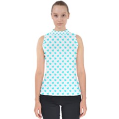 White Light Blue Hearts Pattern, Pastel Sky Blue Color Mock Neck Shell Top by Casemiro