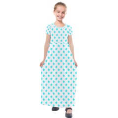 White Light Blue Hearts Pattern, Pastel Sky Blue Color Kids  Short Sleeve Maxi Dress by Casemiro