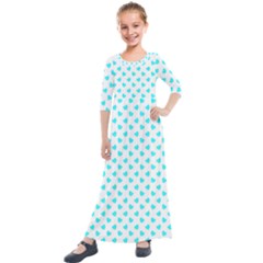 White Light Blue Hearts Pattern, Pastel Sky Blue Color Kids  Quarter Sleeve Maxi Dress