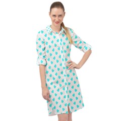 White Light Blue Hearts Pattern, Pastel Sky Blue Color Long Sleeve Mini Shirt Dress by Casemiro