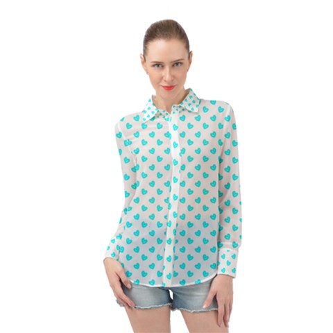 White Light Blue Hearts Pattern, Pastel Sky Blue Color Long Sleeve Chiffon Shirt by Casemiro