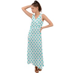 White Light Blue Hearts Pattern, Pastel Sky Blue Color V-neck Chiffon Maxi Dress by Casemiro