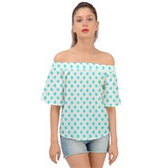 White Light Blue Hearts Pattern, Pastel Sky Blue Color Off Shoulder Short Sleeve Top by Casemiro