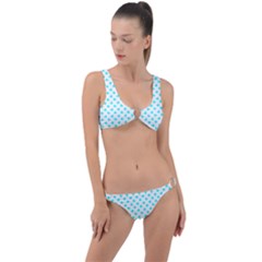 White Light Blue Hearts Pattern, Pastel Sky Blue Color Ring Detail Crop Bikini Set by Casemiro