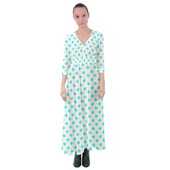 White Light Blue Hearts Pattern, Pastel Sky Blue Color Button Up Maxi Dress by Casemiro